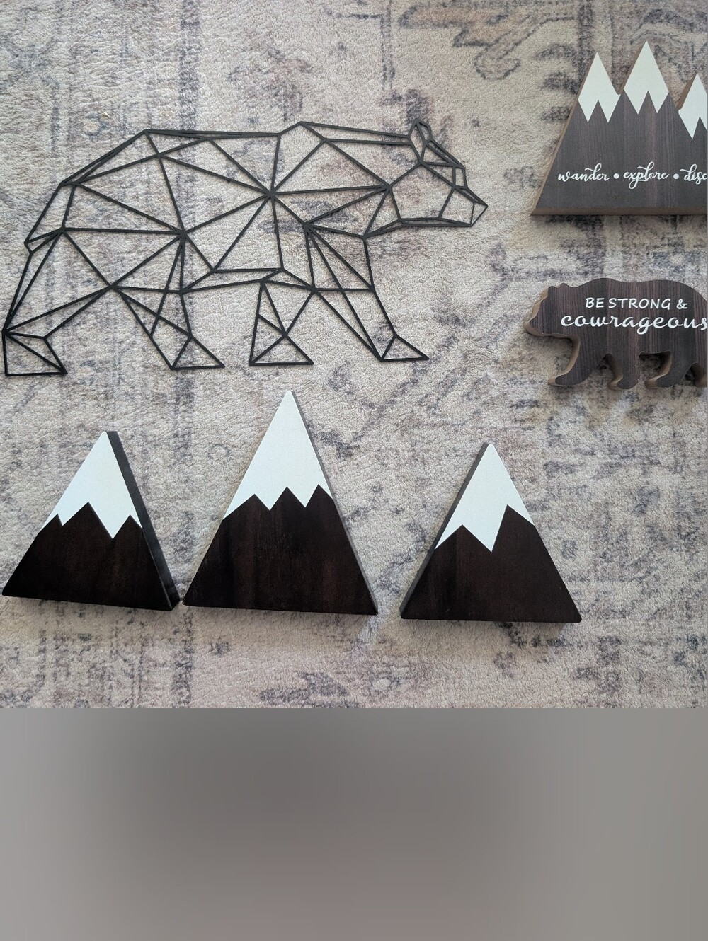 Wood Mountain and Bear Plaques and Wire Geometric Bear Wall Art